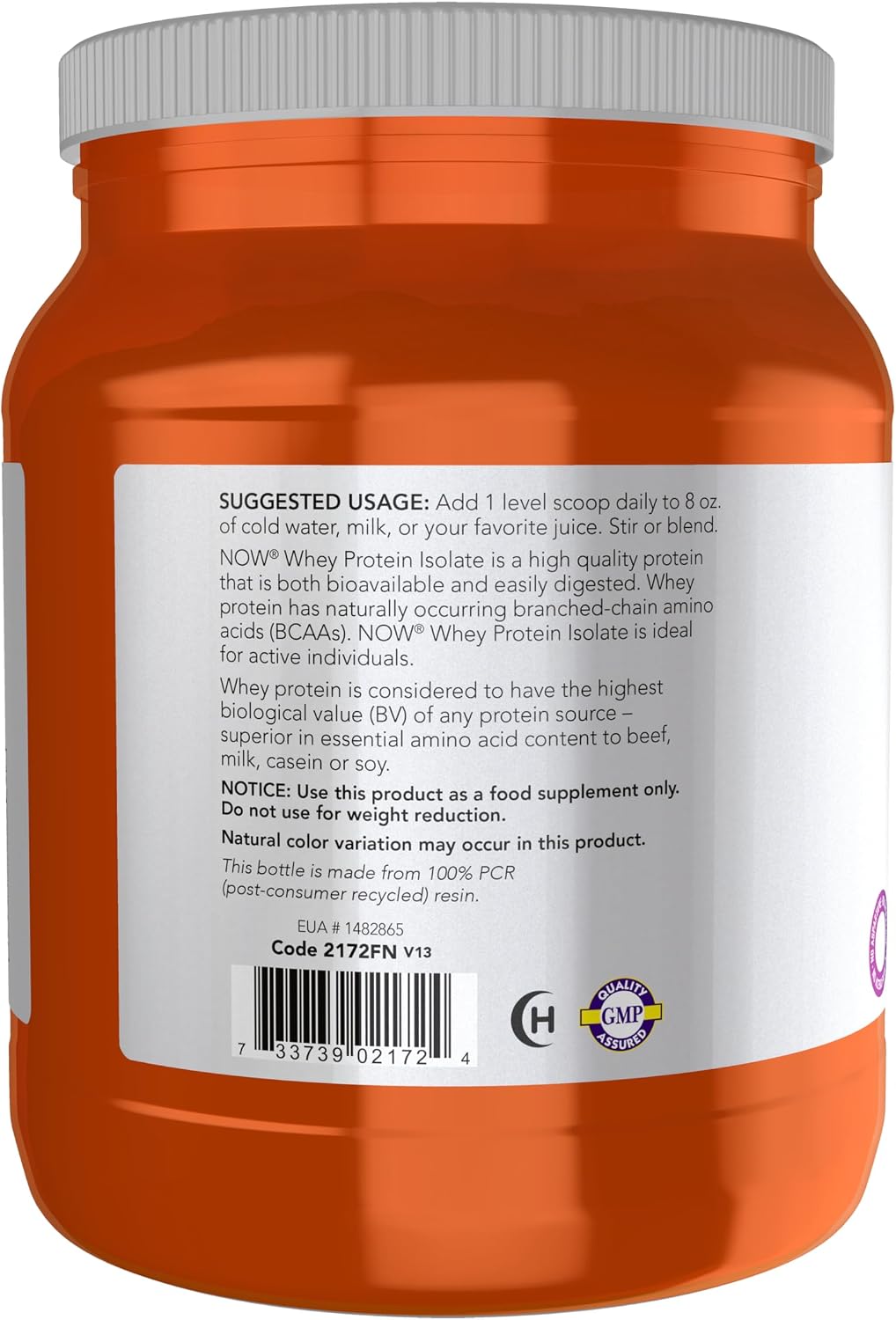 Now Sports, Whey Protein Isolate 24 g with BCAAs, Unflavored Powder, 1.2 lb