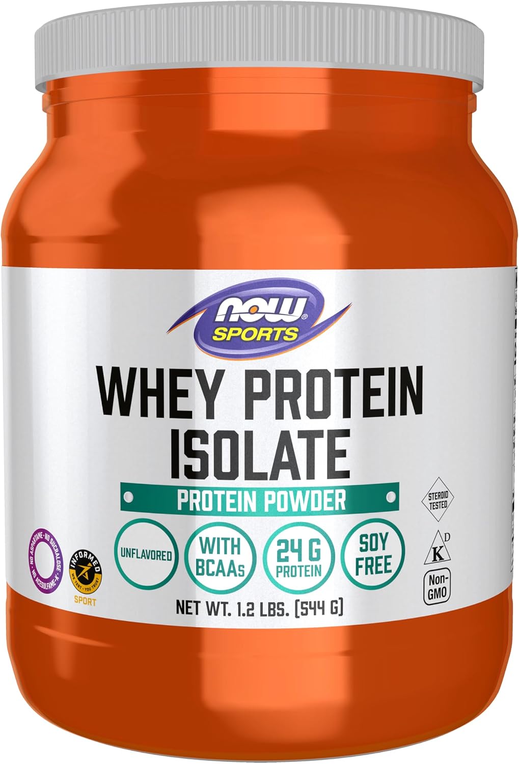 Now Sports, Whey Protein Isolate 24 g with BCAAs, Unflavored Powder, 1.2 lb