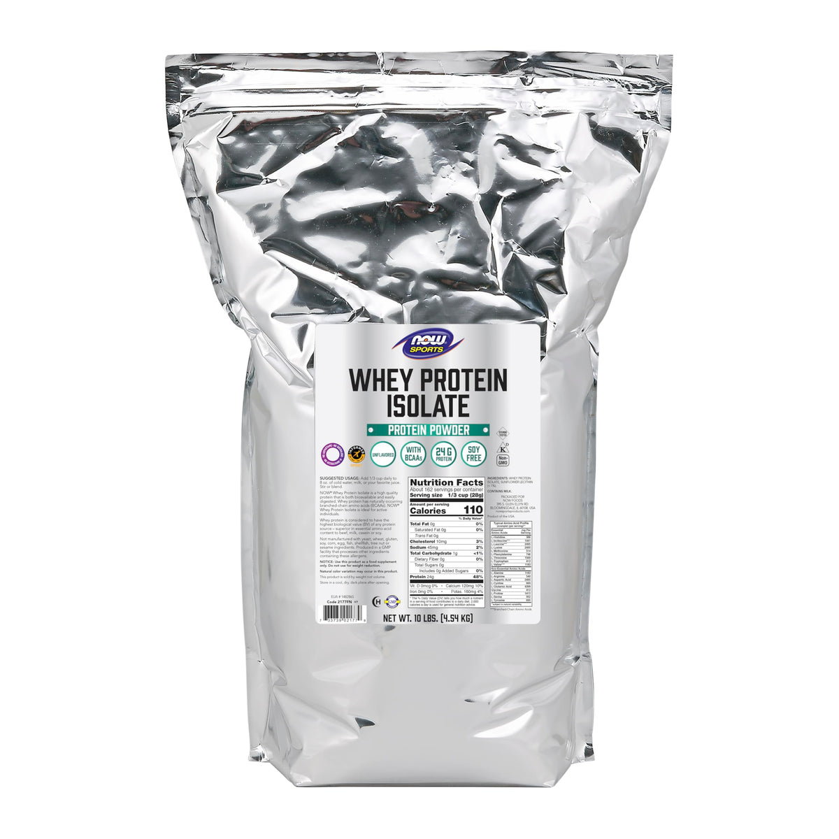 Now Sports, Whey Protein Isolate 24 g with BCAAs, Unflavored Powder, 1.2 lb