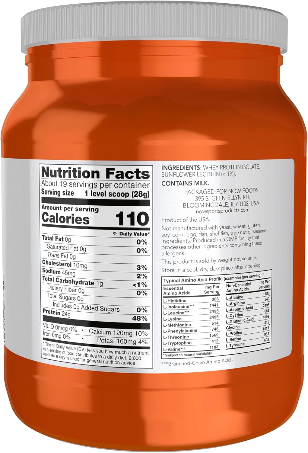 Now Sports, Whey Protein Isolate 24 g with BCAAs, Unflavored Powder, 1.2 lb