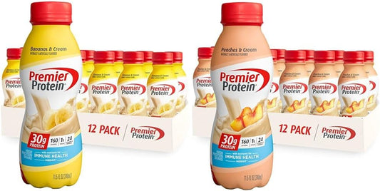 Premier Protein Shake Bananas & Cream and Peaches & Cream 30g Protein 1g Sugar 24 Vitamins Minerals Nutrients Immune Health Support 138 Fl Oz 24 Pack