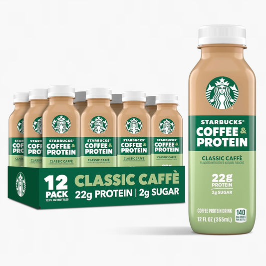 Starbucks Coffee & Protein, Classic Caffe, 12 fl oz Bottles, (12 Pack), 22g 2g Sugar, No Added 5g Prebiotic Fiber, High Iced Coffee, Vegetarian